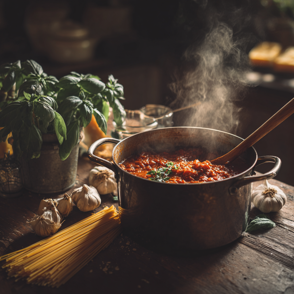 Traditional spaghetti sauce simmering in rustic kitchen