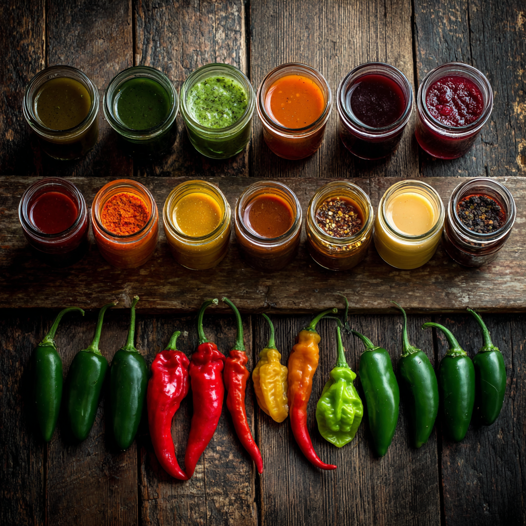 Various hot sauces on Scoville scale with peppers