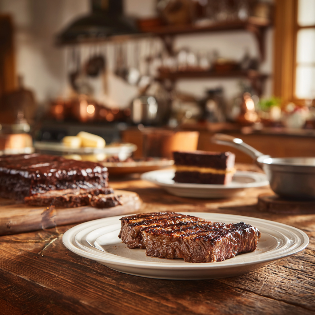 steak and cake on wooden table