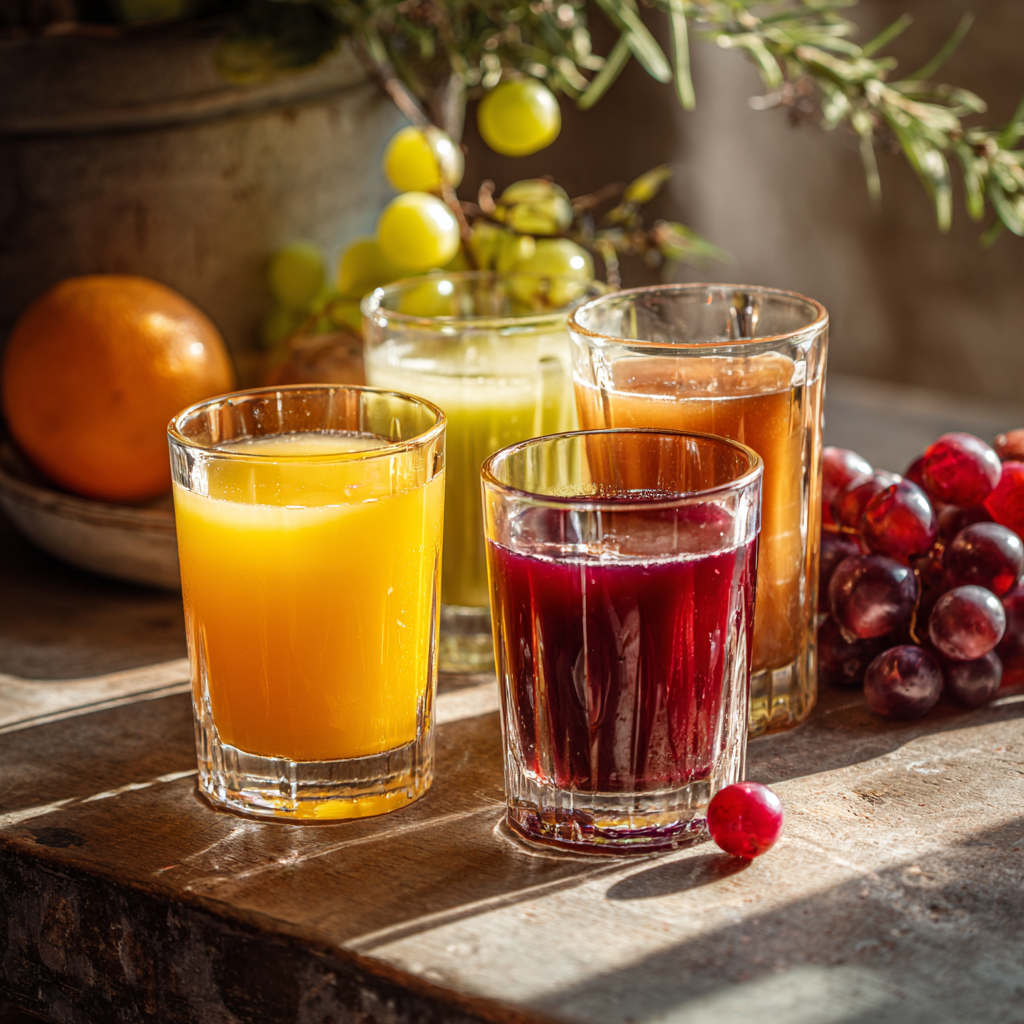 assortment of breakfast beverages juices in clear glasses