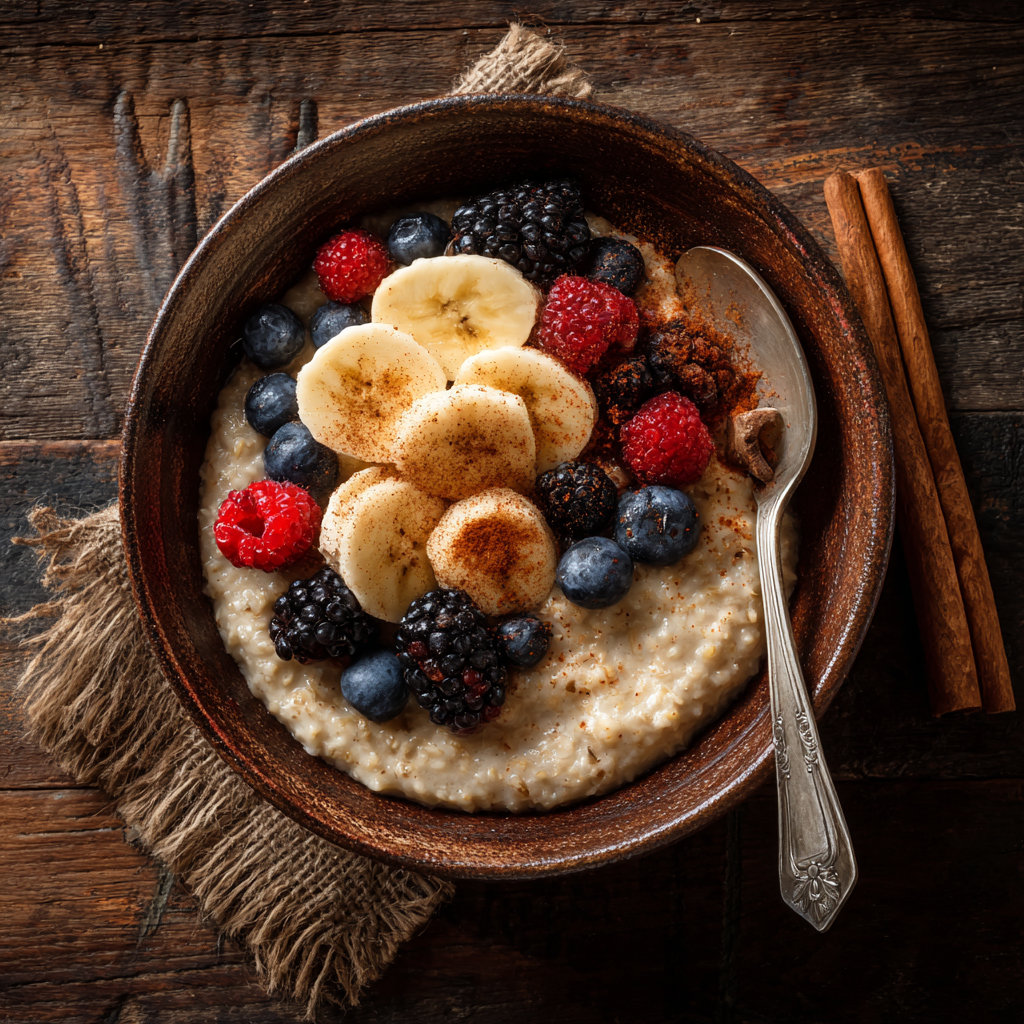 oatmeal breakfast bowl with banana and berries
