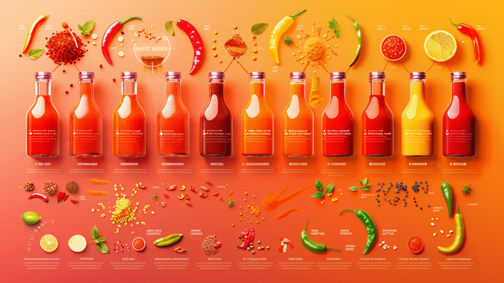 Complete hot sauce spice scale chart with Scoville ratings and popular brands