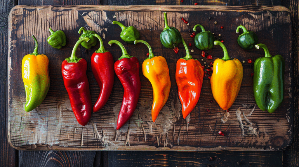 Fresh peppers showing hot sauce spice scale from mild to superhot