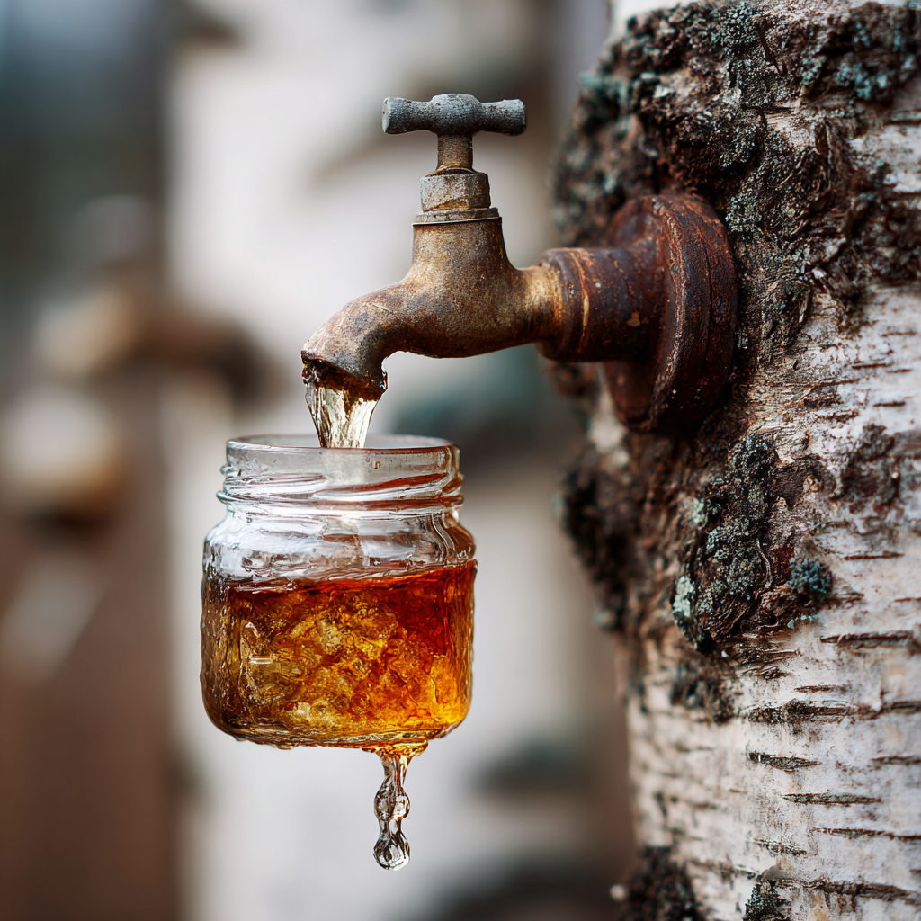 Birch sap collecting from tree into jar