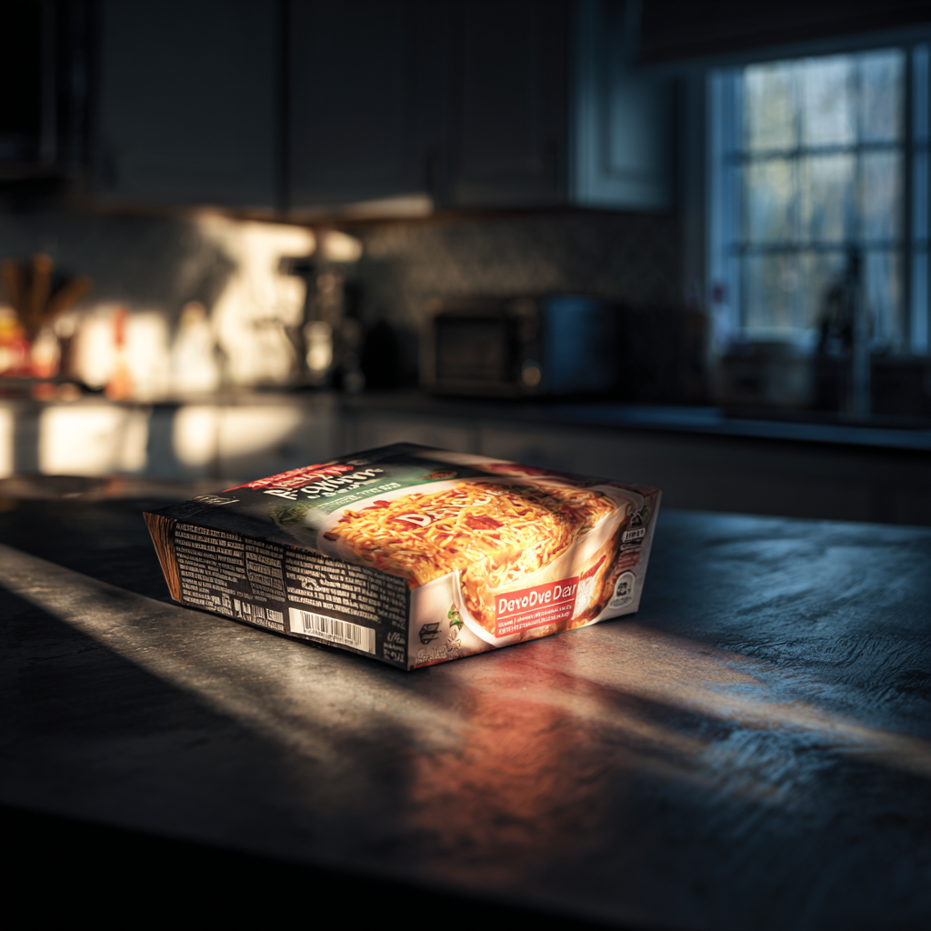 devour meals frozen dinner box on kitchen counter
