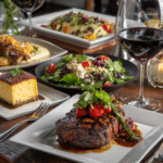 steak and cake meal setup