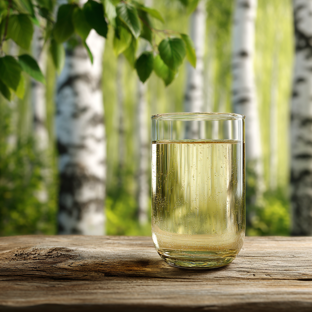 Fresh birch tree juice on rustic table in forest
