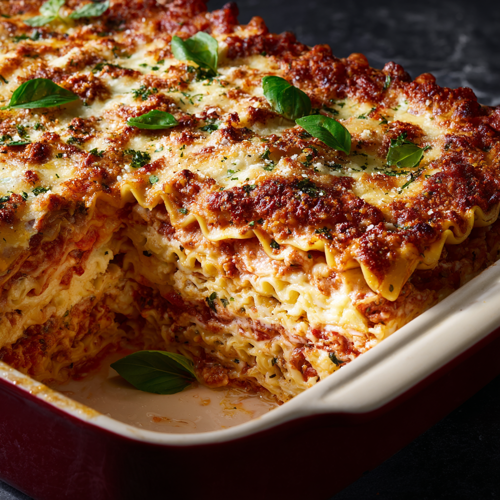 Lasagna with crushed tomato sauce layers