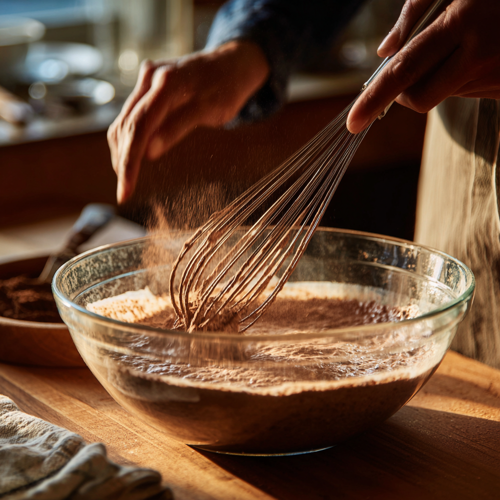 Mixing Hershey cocoa into cake batter