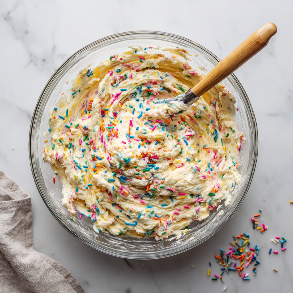 mixing funfetti cake cupcake batter