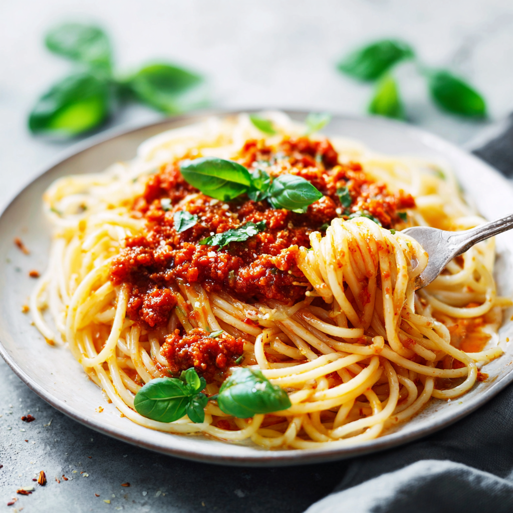 Spaghetti with crushed tomato sauce
