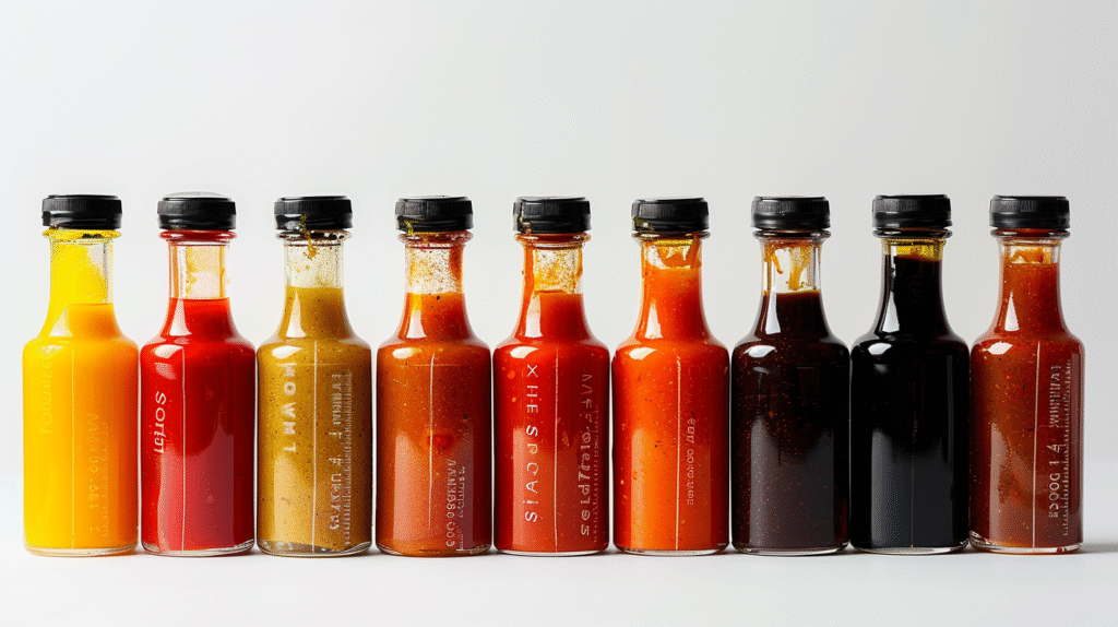 Hot sauce spice scale bottles arranged by Scoville heat levels