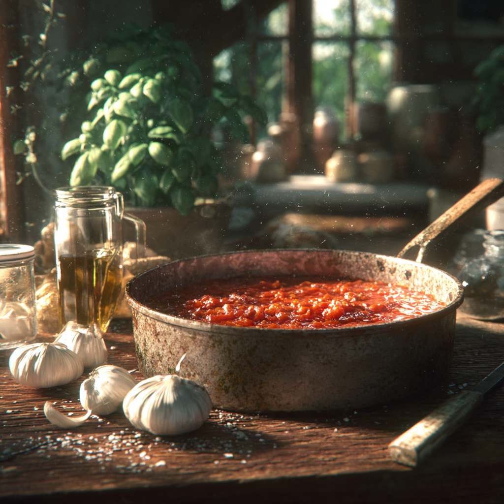 Crushed tomato sauce simmering in saucepan