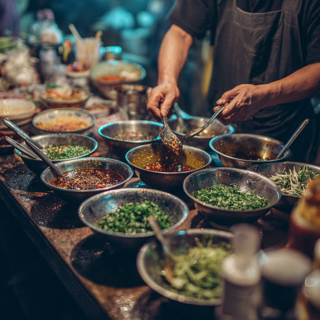Making Thai sauce at street food stall