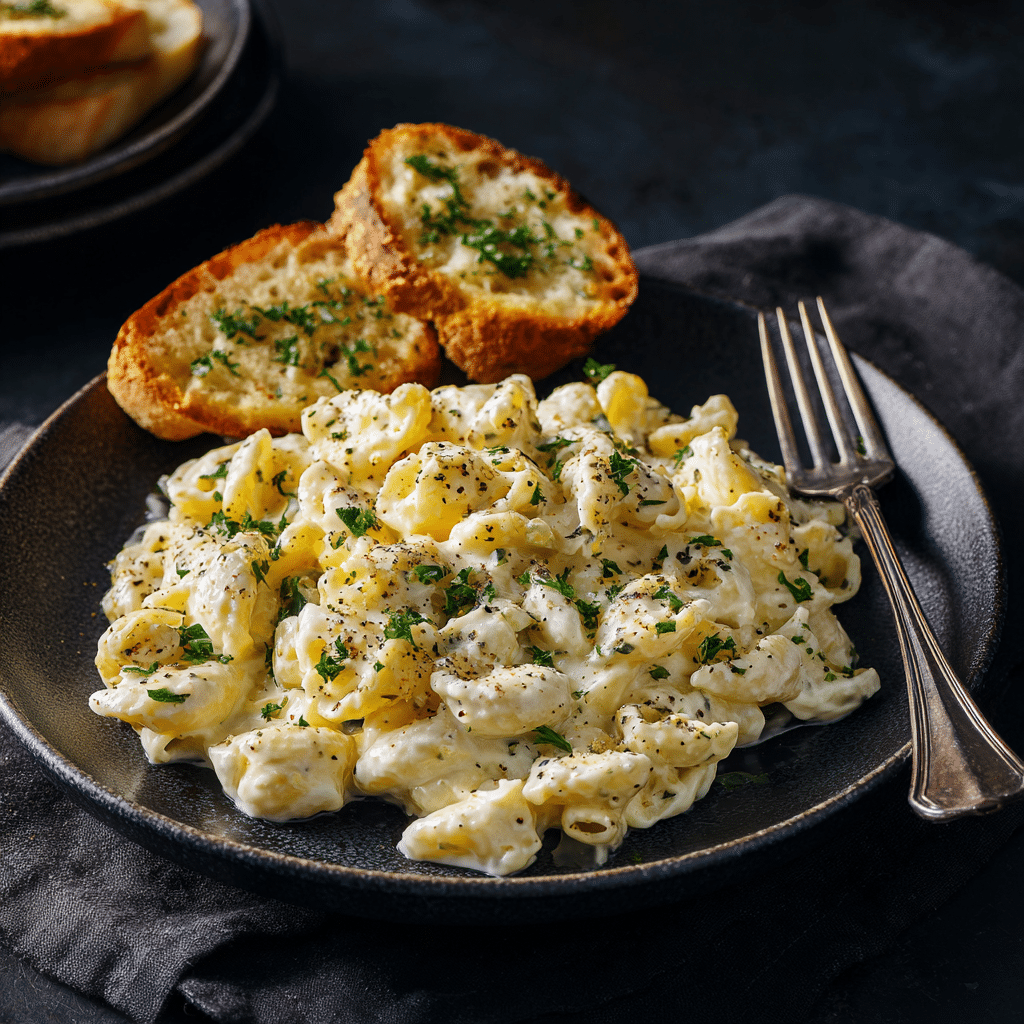 devour creamy bacon mac and cheese served with garlic bread