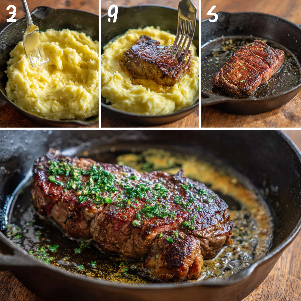 savory steak cake with mashed potato layers