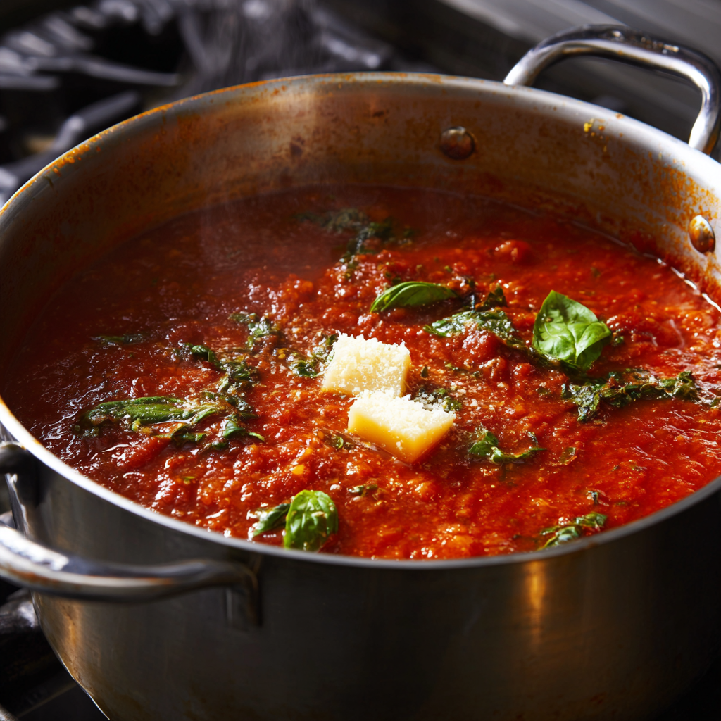 Simmering traditional spaghetti sauce with basil