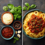 Traditional spaghetti sauce ingredients and finished dish