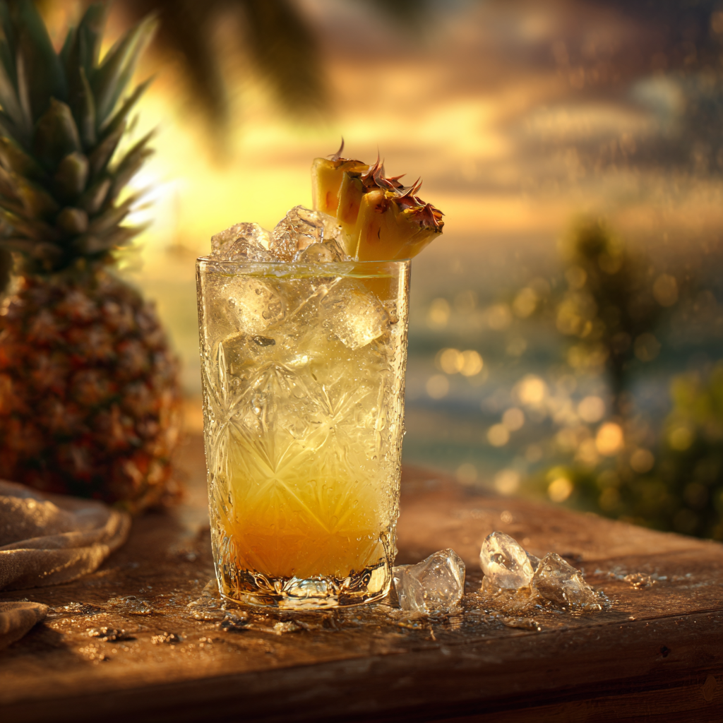 Malibu drink with pineapple juice on beach table