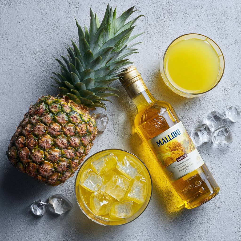 Ingredients for Malibu drink with pineapple juice