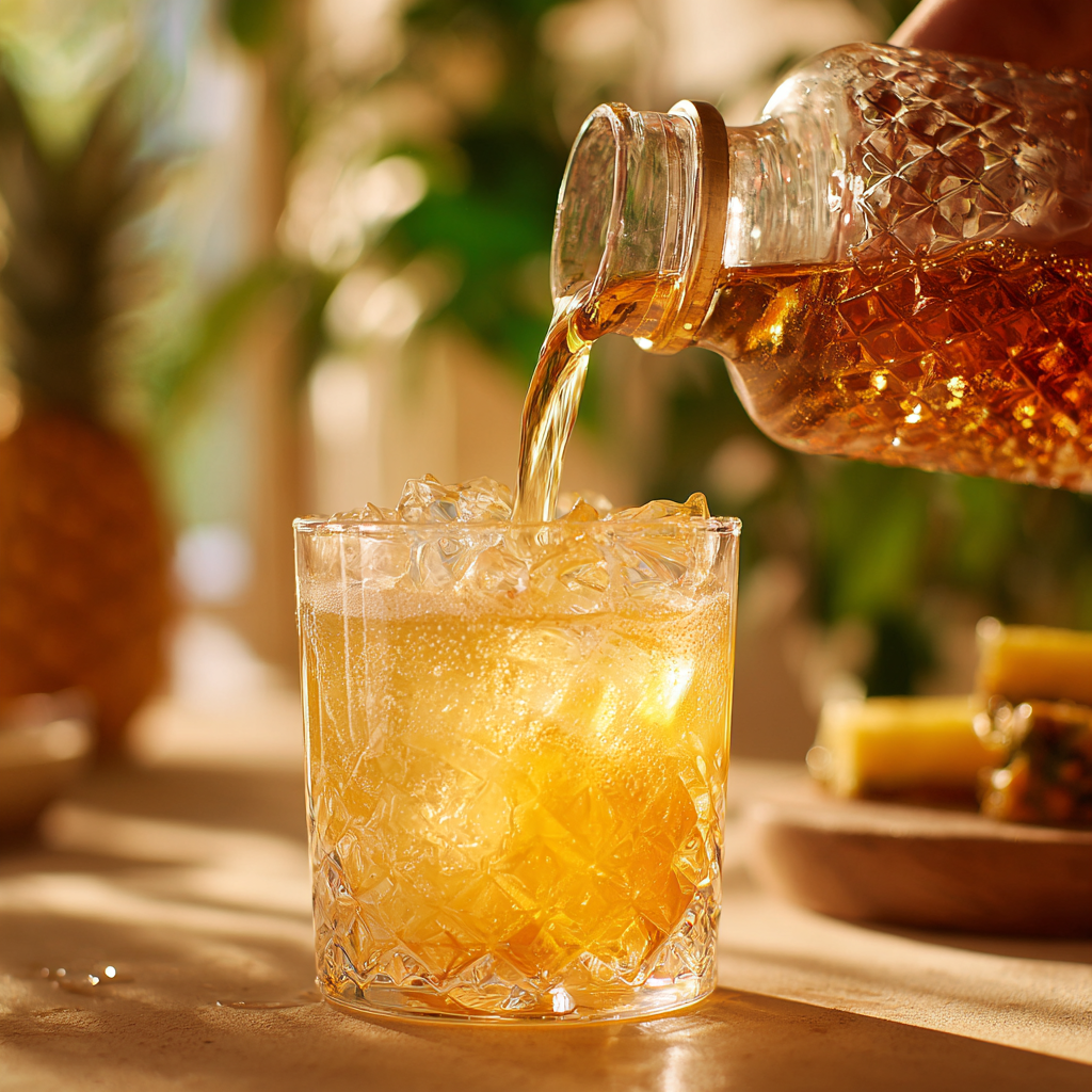 Pouring Malibu into pineapple juice with ice