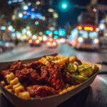 dave's hot chicken in paper tray with fries